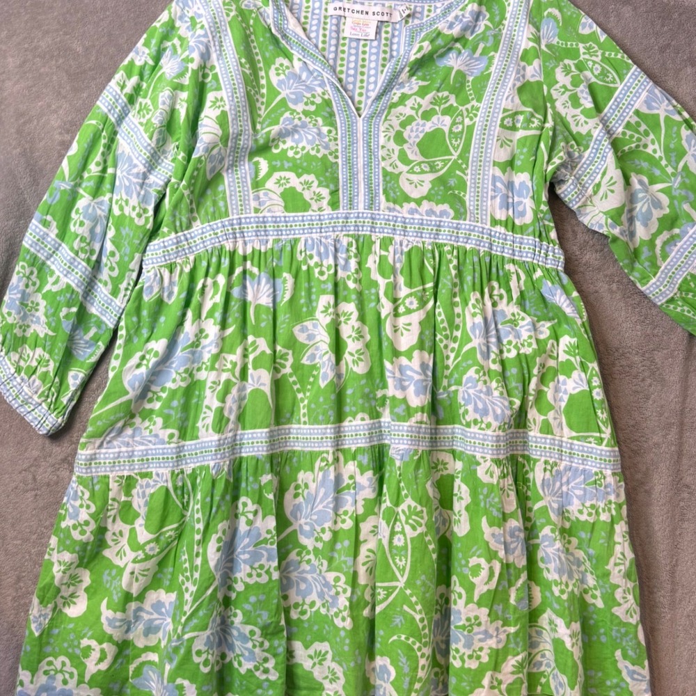 Gretchen Scott Dress Size Goddess XXL Green Blue Floral Paisley Tiered Mini - Picture 11 of 14